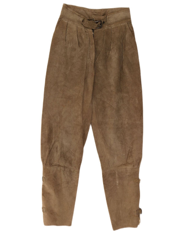 Pantaloni vintage in pelle scamosciata con ancoraggi da donna EU 36 piccoli W26 L27 in pelle beige
