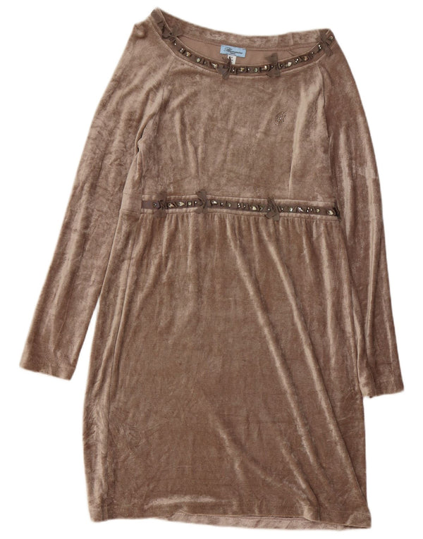 Blumarine Abito tubino a maniche lunghe in velluto da donna UK 10 Piccolo in viscosa marrone