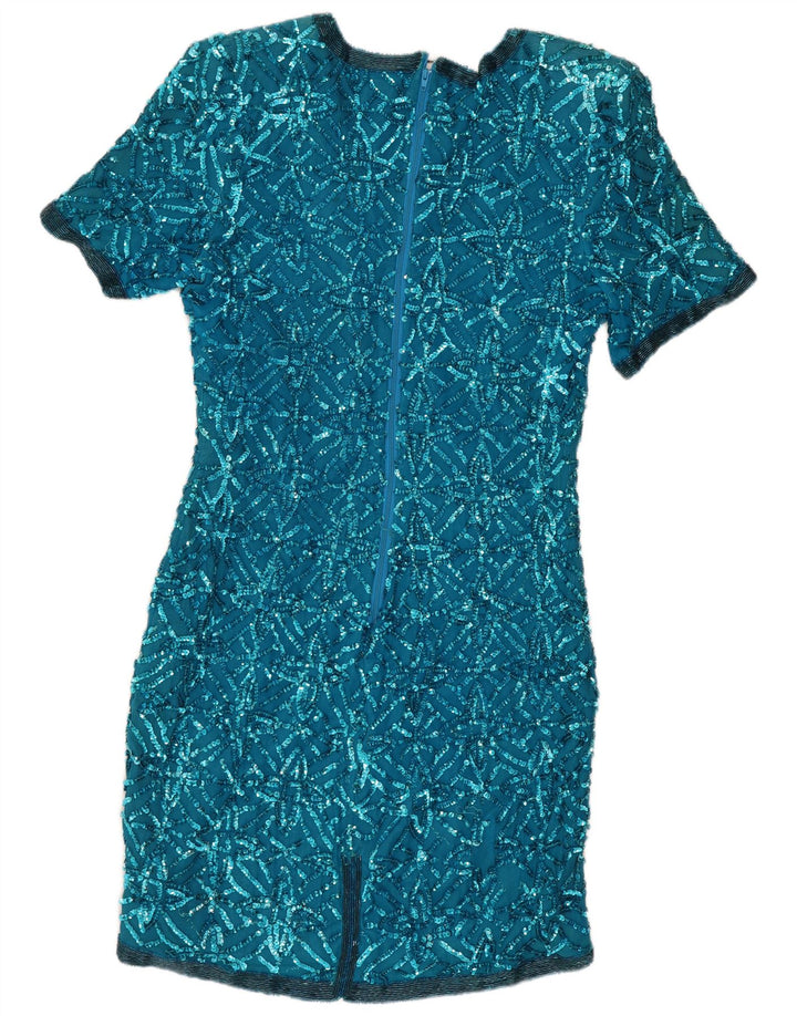 Abito a trapezio con paillettes vintage da donna UK 14 grande seta blu