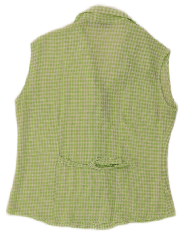 Camicetta camicia senza maniche vintage da donna UK 14 grande viscosa a quadretti verde
