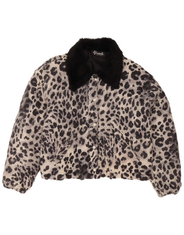 Giubbotto bomber oversize corto da donna VINTAGE UK 10 piccola stampa animalier grigia