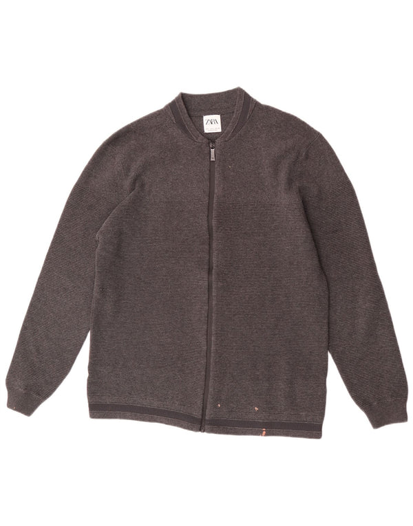Maglione cardigan da uomo Zara in cotone a righe grandi grigie