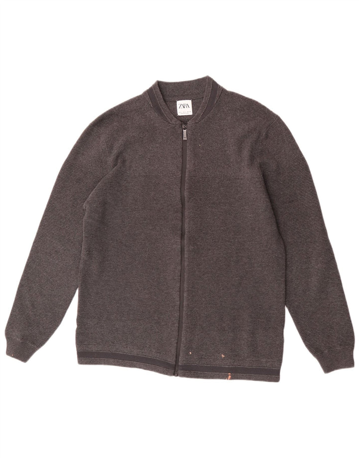 Maglione cardigan da uomo Zara in cotone a righe grandi grigie