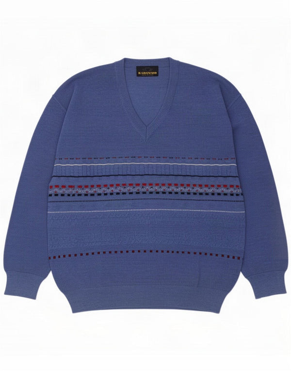 Il Granchio Mens V-Neck Jumper Sweater 2XL Blue Geometric