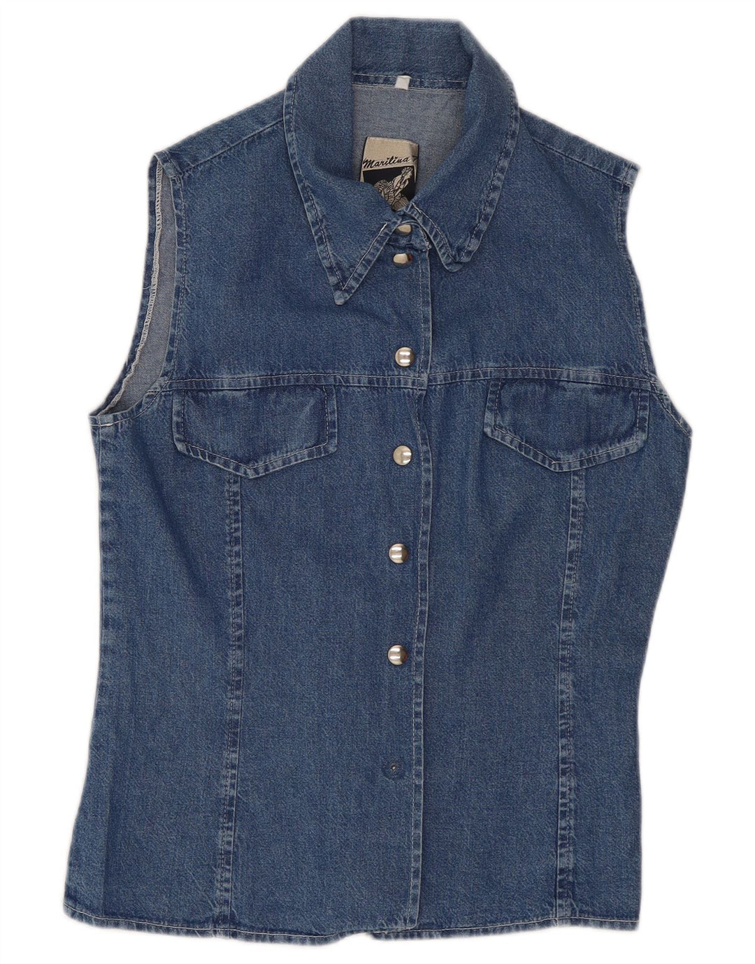 Camicia di jeans senza maniche vintage da donna UK 10 piccola blu