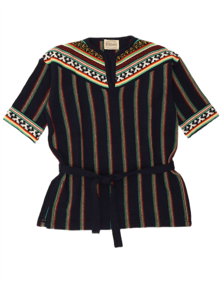 Maglione vintage da donna con scollo a V UK 12 medio blu navy a righe retrò