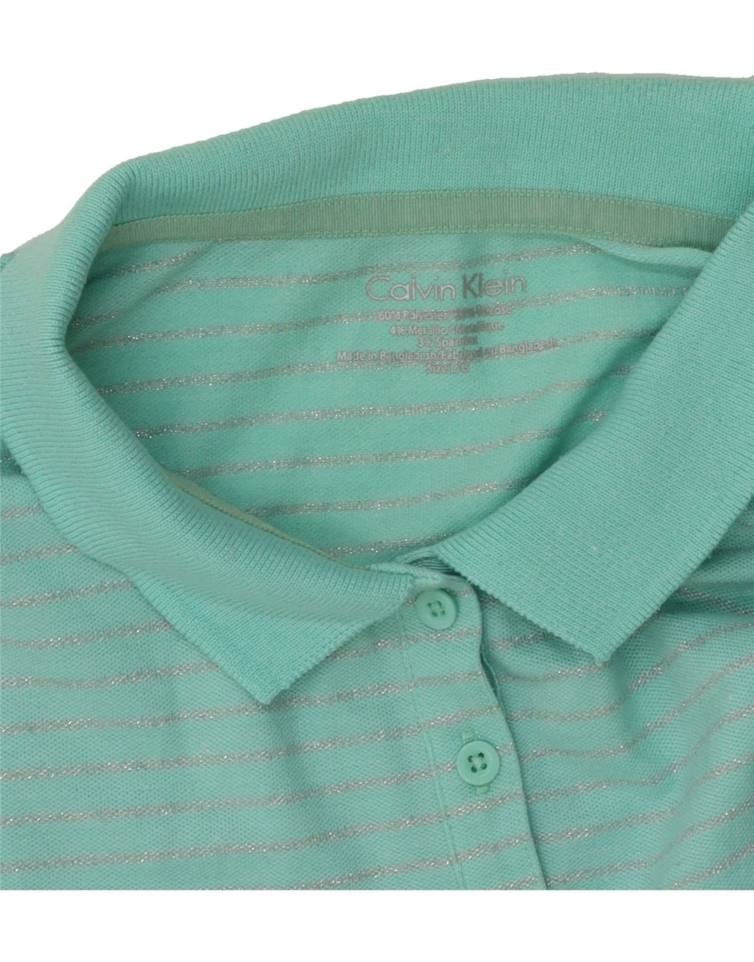 CALVIN KLEIN Womens Polo Shirt UK 14 Large Turquoise Striped Polyester Vintage Calvin Klein and Second-Hand Calvin Klein from Messina Hembry 