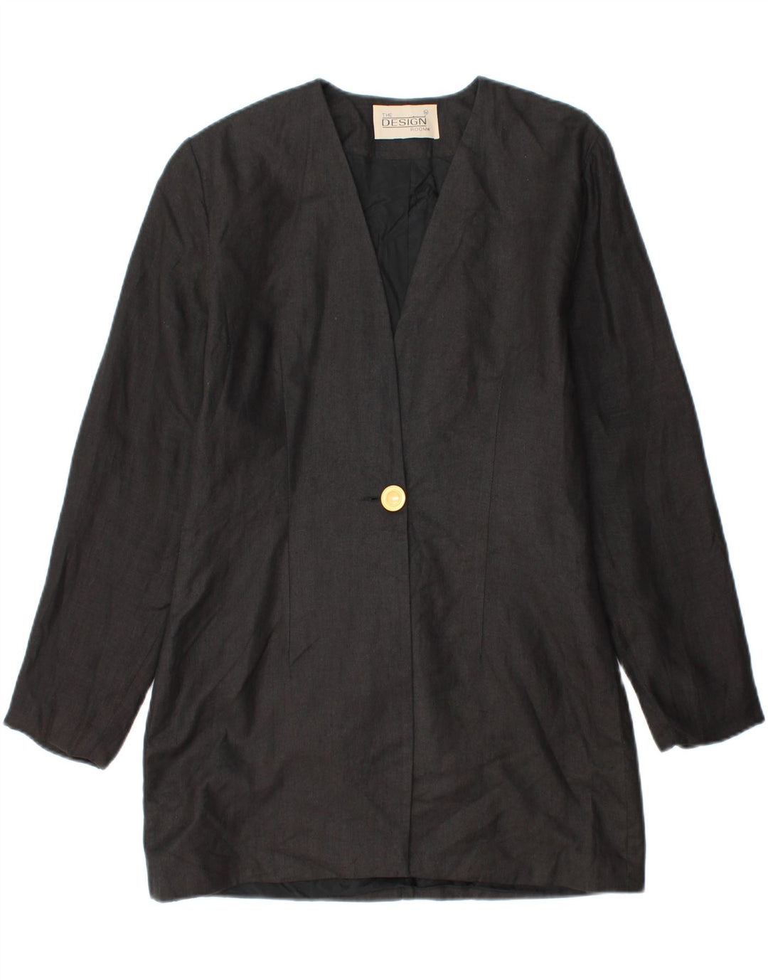 Giacca blazer vintage da donna con linea lunga a 1 bottone UK 14 Lino nero medio