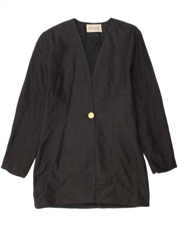 Giacca blazer vintage da donna con linea lunga a 1 bottone UK 14 Lino nero medio