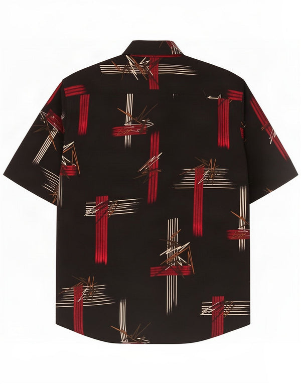 Camicia vintage da uomo a maniche corte con motivo astratto, grande in seta nera