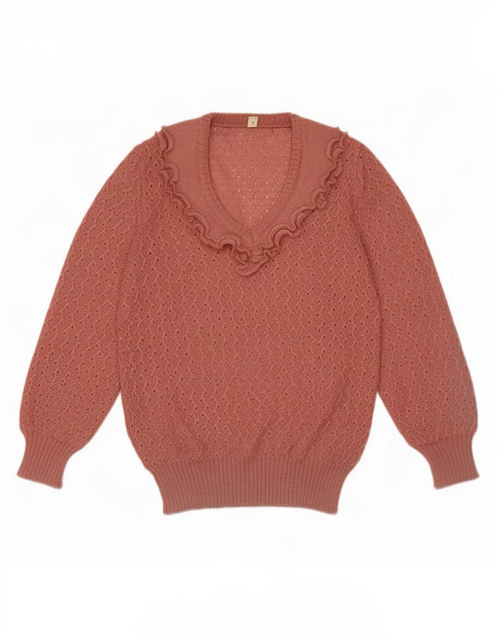 Maglione vintage da donna con scollo a V con volant sul davanti IT 44 Rosa medio