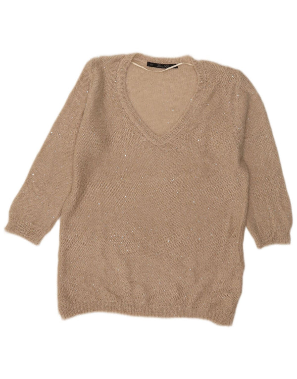 Maglione Zara da donna con scollo a V e maniche a 3/4 UK 16 Large Beige Poliestere