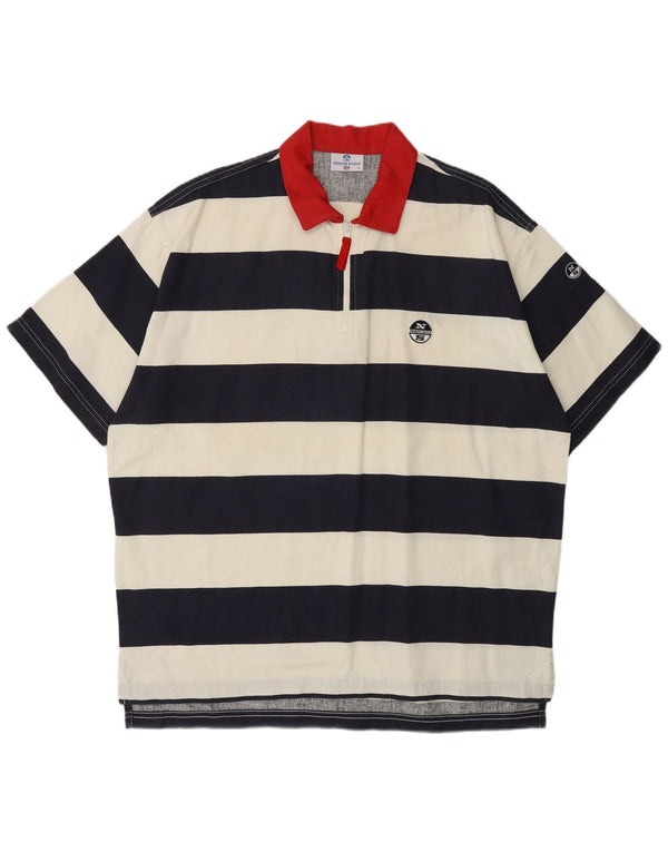 NORTH SAILS Mens Rugby Polo Shirt Large Navy Blue Striped Cotton