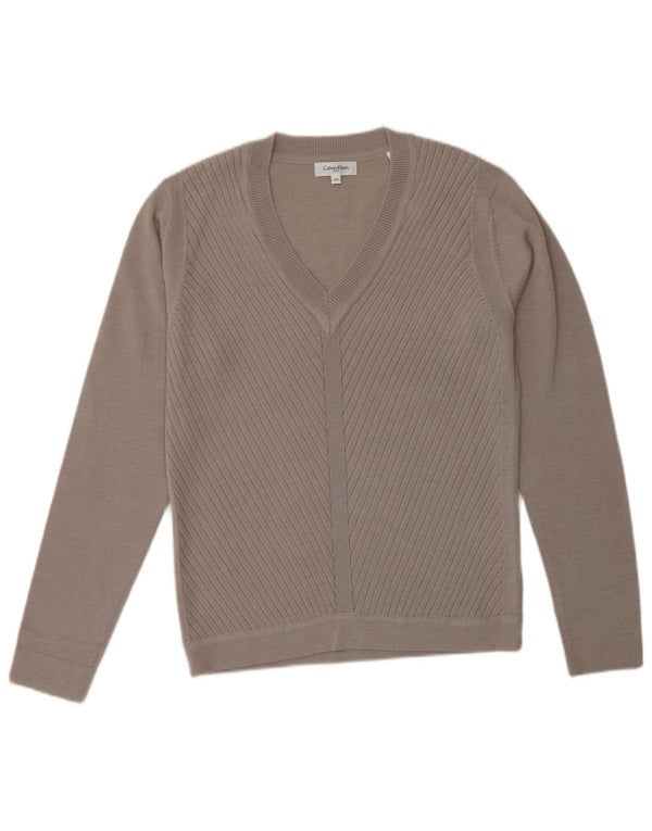 CALVIN KLEIN Maglione da donna con scollo a V da golf UK 10 Small Beige Lana