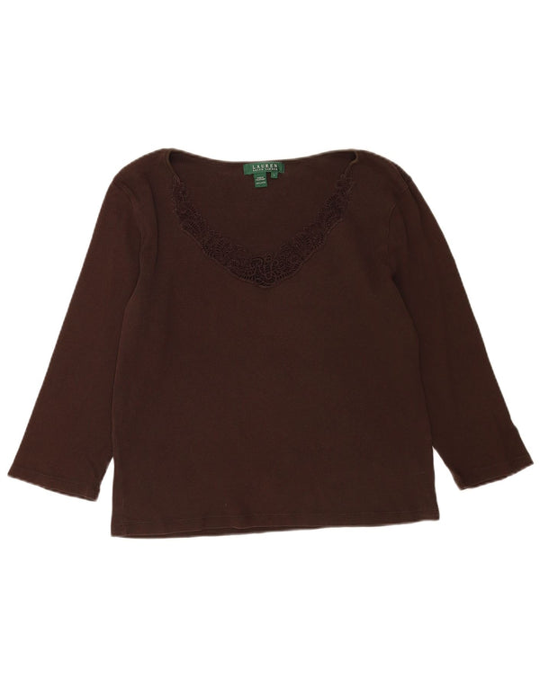 RALPH LAUREN Top da donna manica 3/4 UK 16 grande cotone cachemire marrone