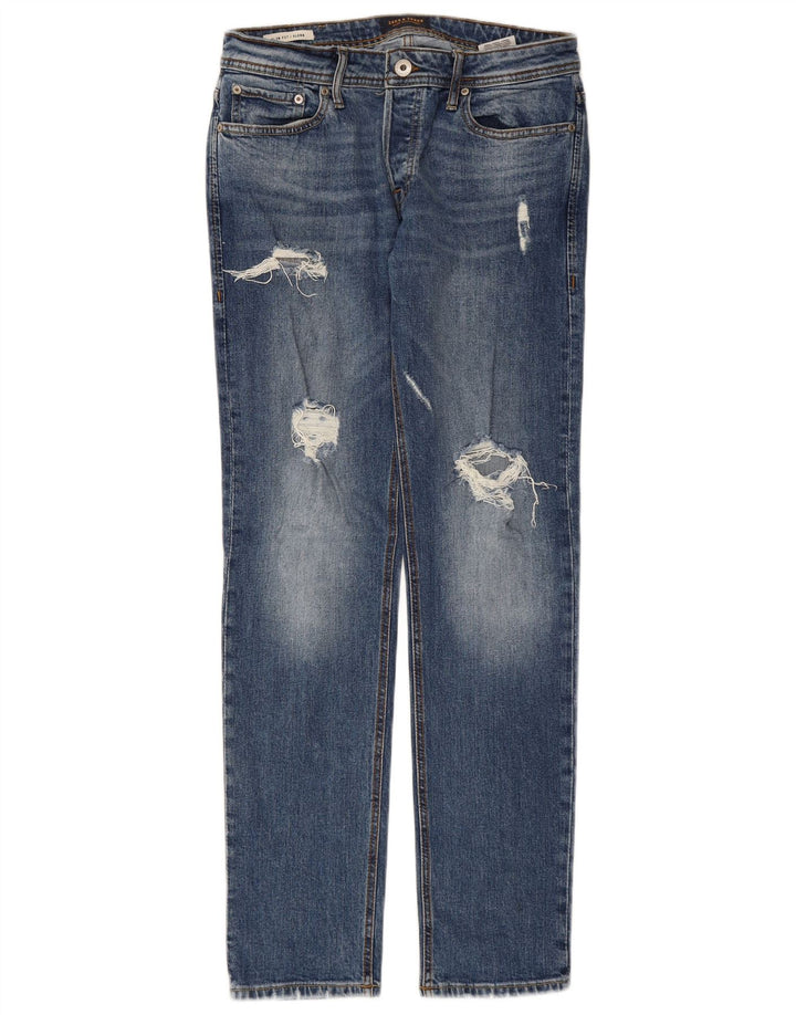 JACK & JONES Uomo GLENN Jeans slim effetto consumato W31 L32 cotone blu