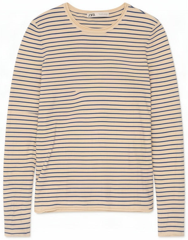 Zara Top da donna a maniche lunghe UK 14 Large Beige a righe in viscosa