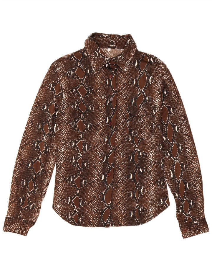 Camicetta da donna vintage UK 12 Poliestere con stampa animalier marrone medio