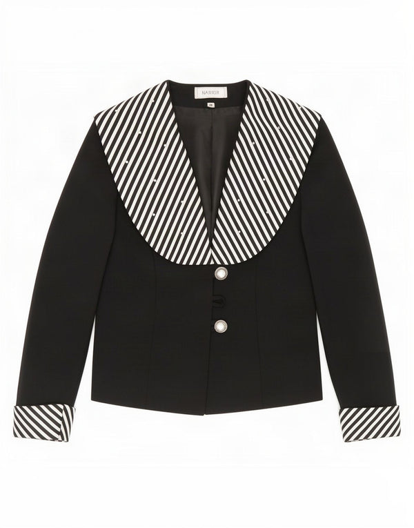 Giacca blazer vintage da donna a 3 bottoni UK 14 poliestere a righe nere medie