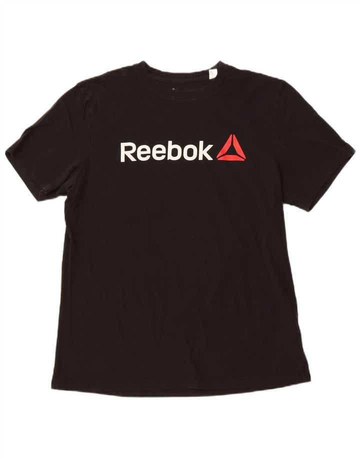 REEBOK T-shirt grafica da donna Top UK 14 grande cotone nero