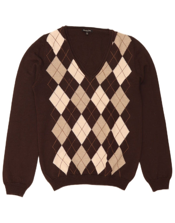 Massimo Dutti Maglione da donna con scollo a V UK 14 Large Marrone Argyle/Diamond