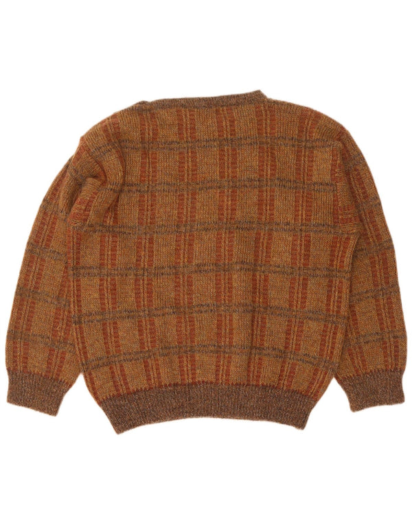 Maglione vintage da uomo con scollo a barca, grande acrilico a quadri marroni