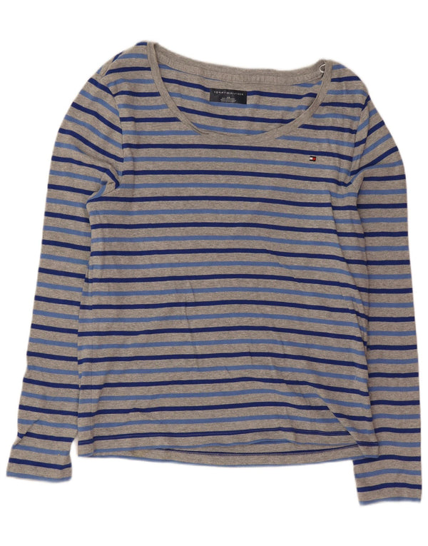 Tommy Hilfiger Donna Top Manica Lunga UK 14 Grande Cotone a Righe Grigie