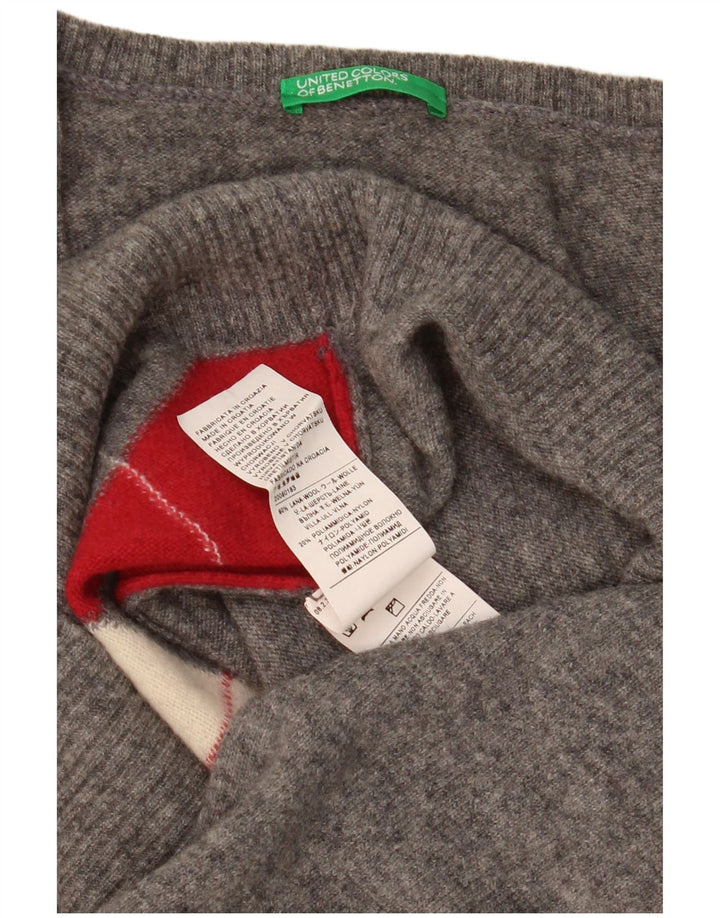 Maglione da donna con scollo a V Benetton UK 14 Large Grey Argyle/Diamond Wool