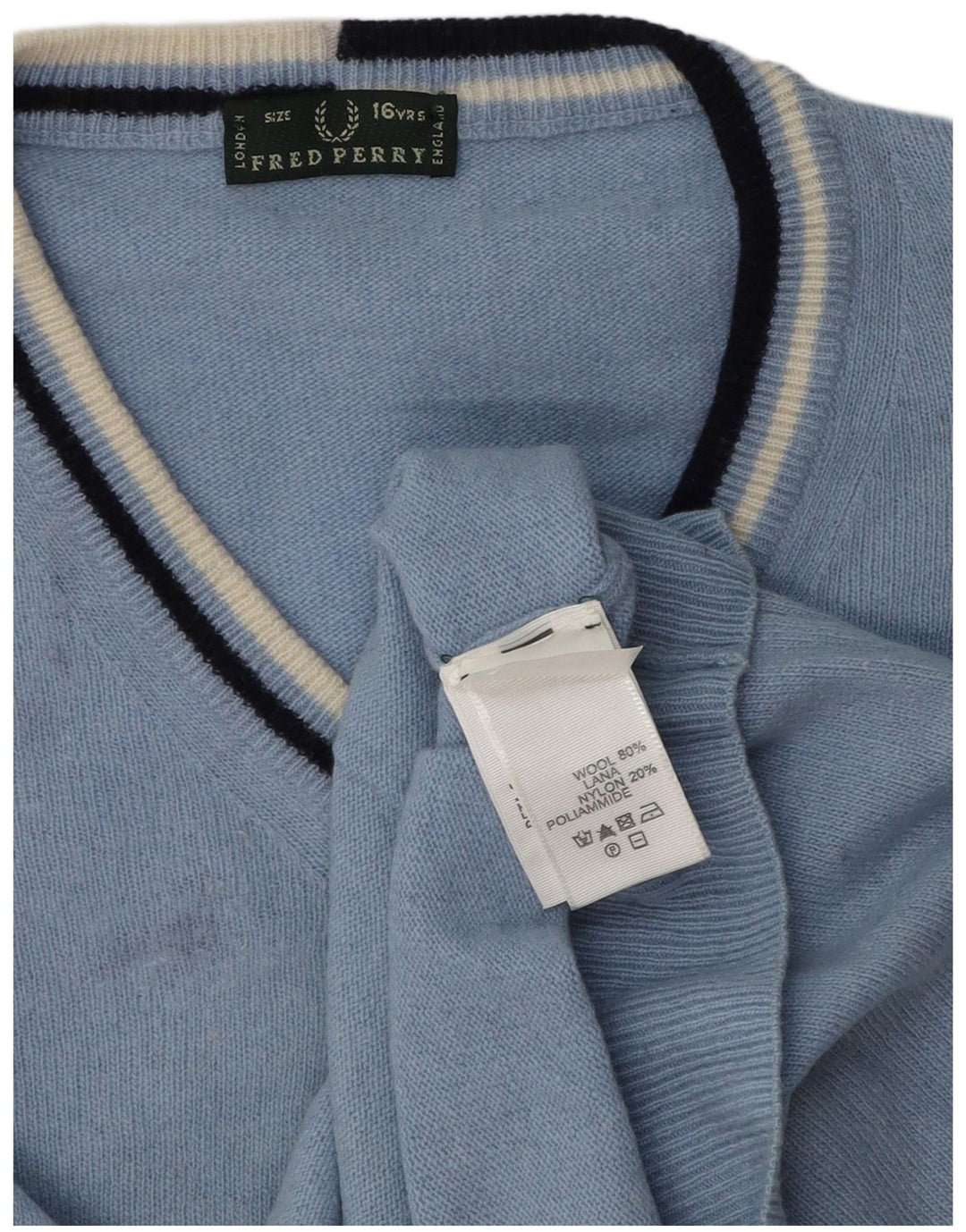 Maglione maglione con scollo a V da bambino Fred Perry 15-16 anni in lana blu