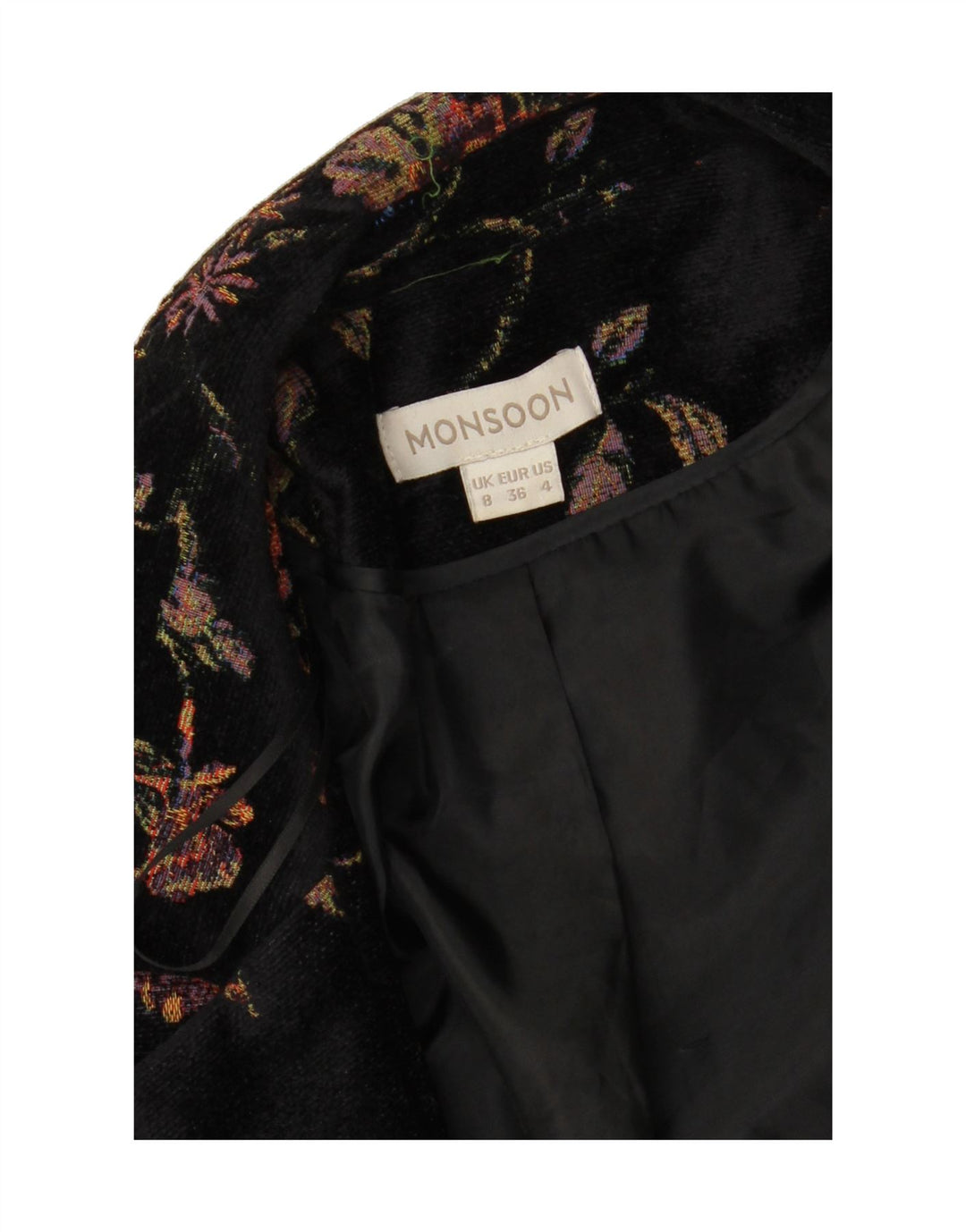 MONSOON Womens Open Blazer Jacket UK 8 Small Black Floral Viscose Vintage Monsoon and Second-Hand Monsoon from Messina Hembry 