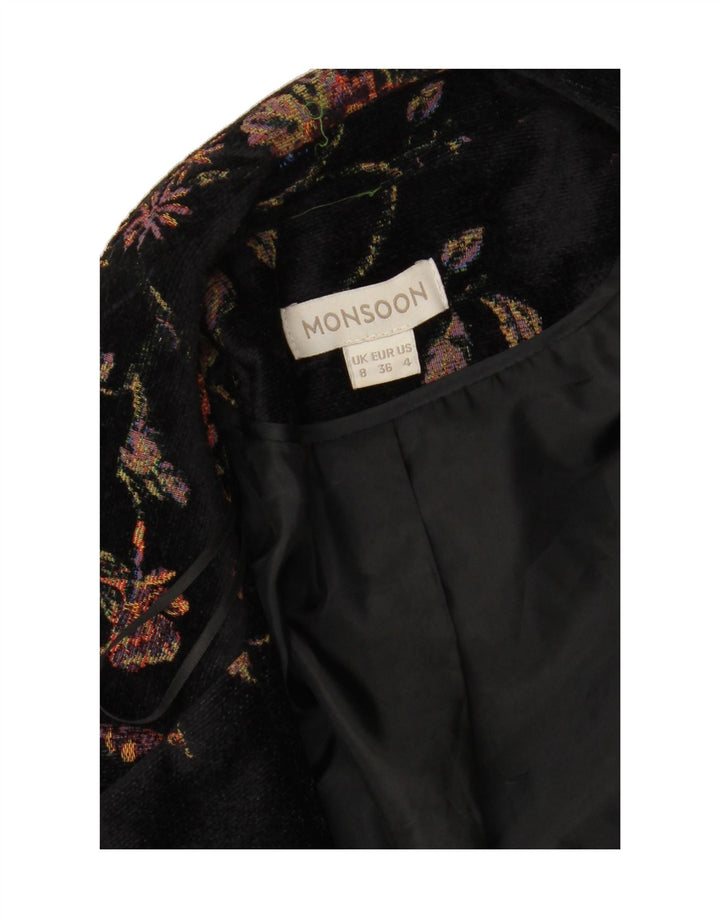 MONSOON Womens Open Blazer Jacket UK 8 Small Black Floral Viscose Vintage Monsoon and Second-Hand Monsoon from Messina Hembry 