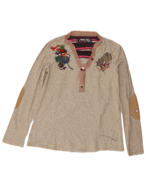 Desigual Donna Graphic Top Manica Lunga UK 18 XL Beige Gessato Cotone