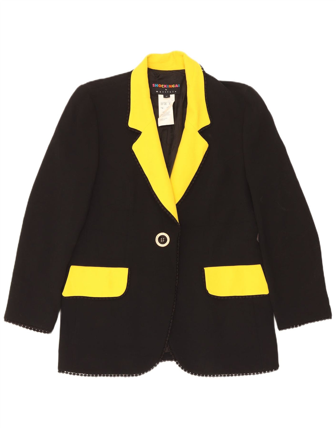 Giacca blazer vintage da donna a 1 bottone UK 14 grande acetato color block nero