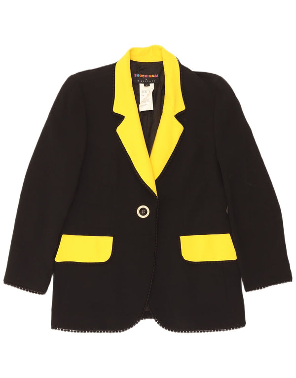 Giacca blazer vintage da donna a 1 bottone UK 14 grande acetato color block nero