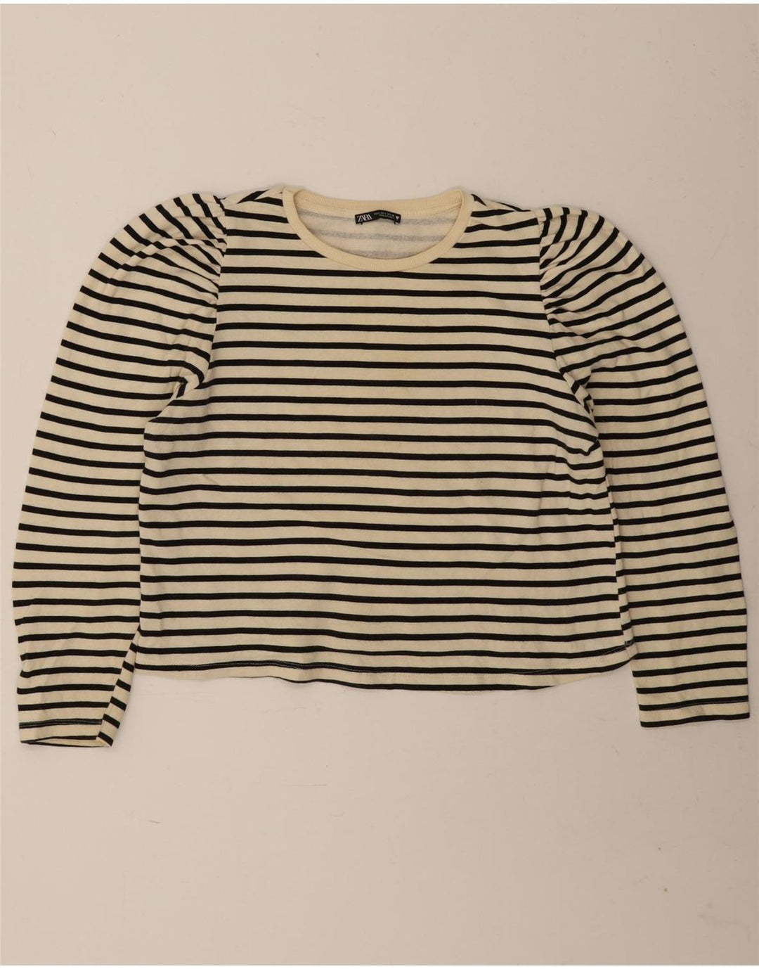 Top corto da donna Zara a maniche lunghe UK 16 grande a righe bianco sporco