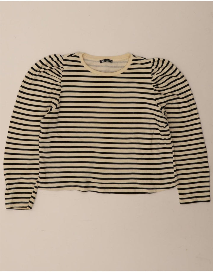 Top corto da donna Zara a maniche lunghe UK 16 grande a righe bianco sporco