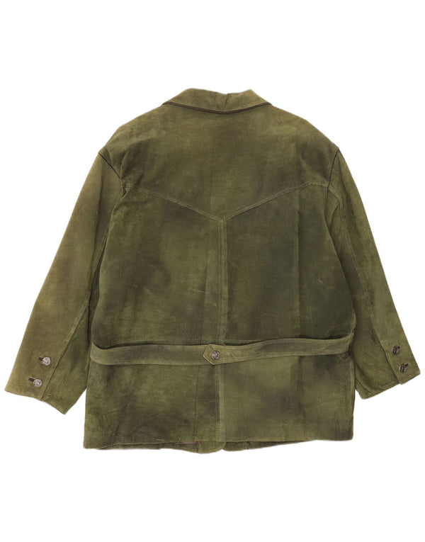 Giacca blazer vintage in pelle scamosciata a 3 bottoni da donna EU 50 3XL in pelle verde
