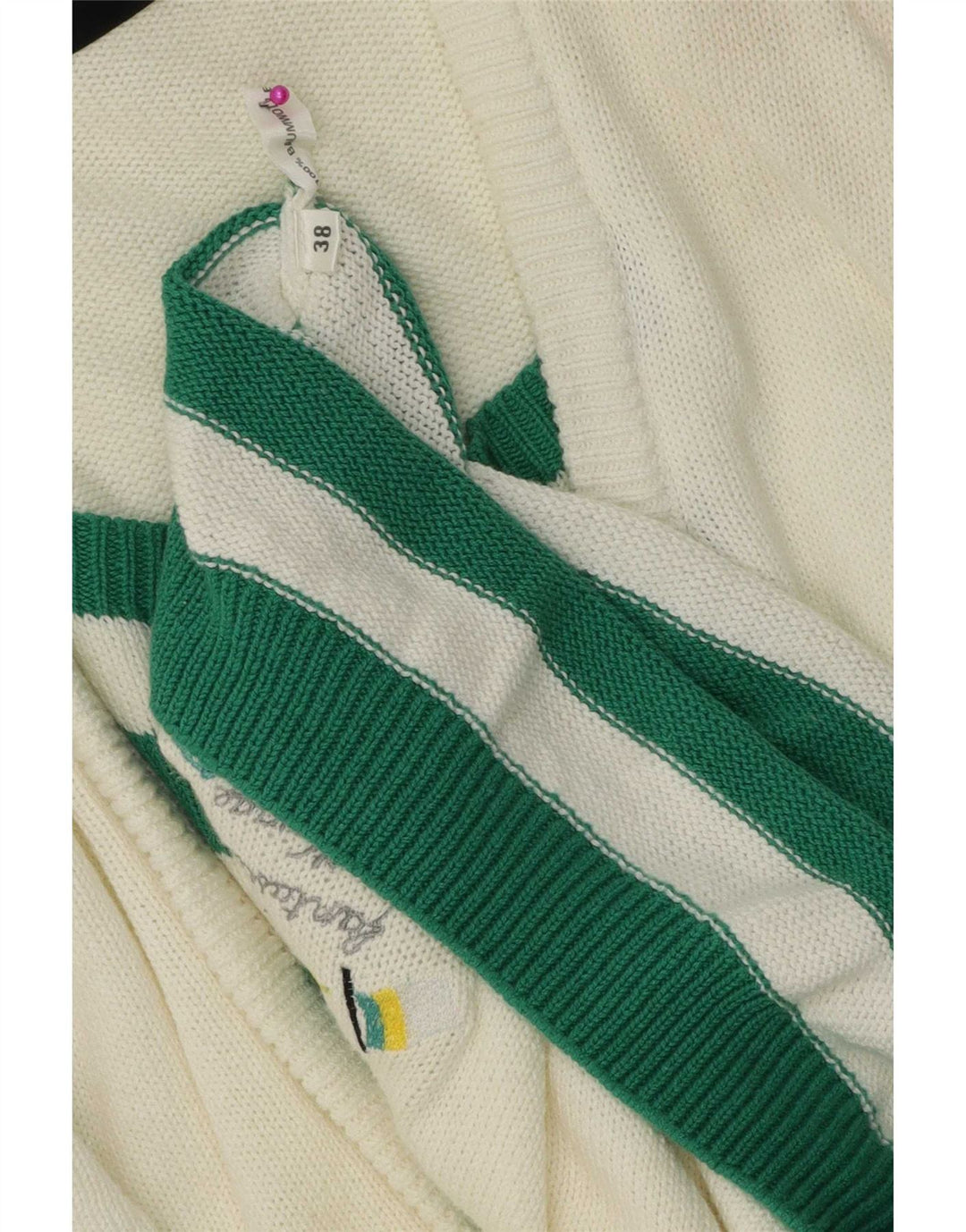 Maglione da donna vintage con scollo a barca con grafica EU 38 a righe bianche medie