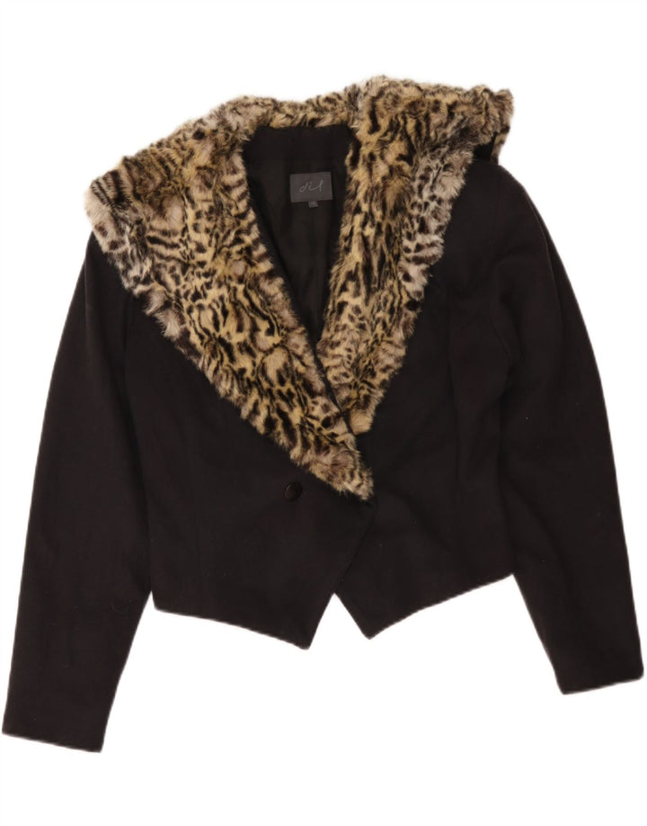 Giacca blazer corta da donna vintage UK 14 stampa animalier nera media