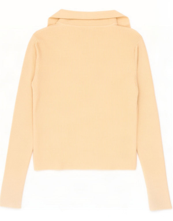 Qed London Polo corta a maniche lunghe da donna UK 10 Small Beige Viscosa