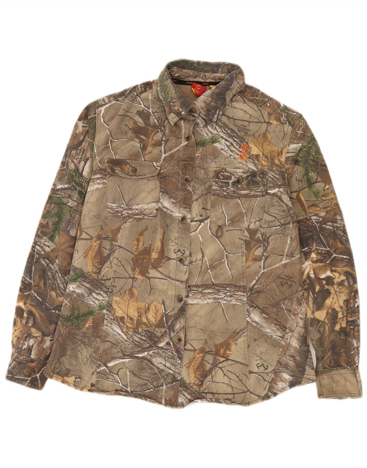 Camicia da donna con motivo astratto VINTAGE UK 16 grande cotone color kaki