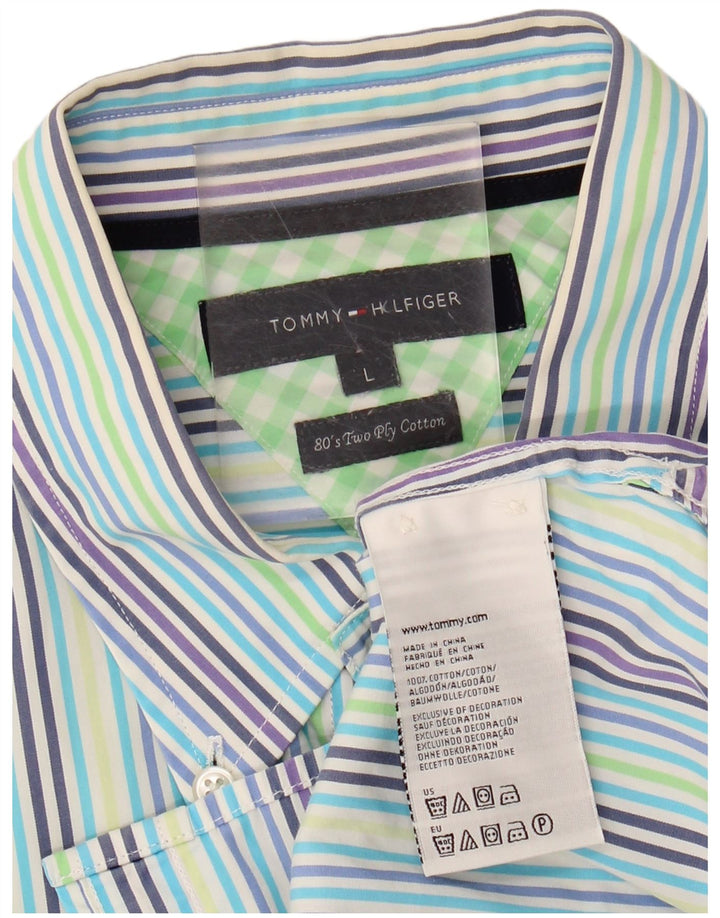 TOMMY HILFIGER Mens Short Sleeve Shirt Large Multicoloured Striped Cotton