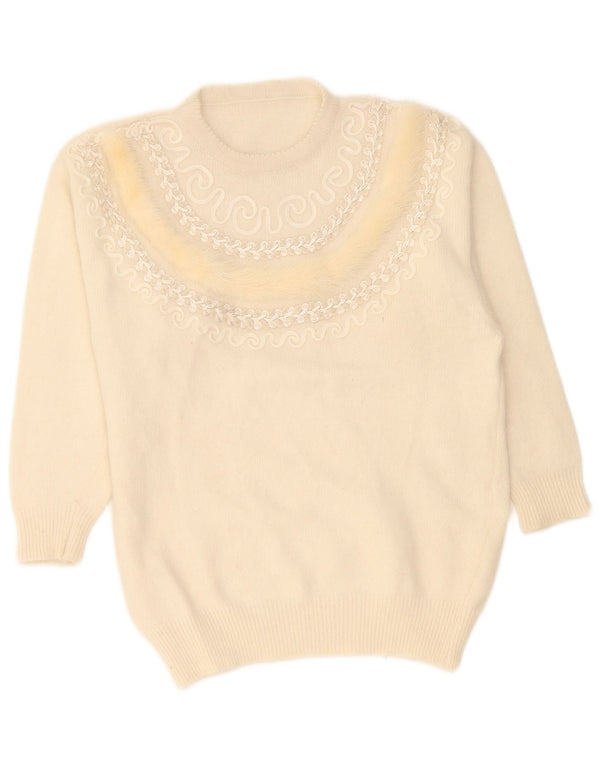 Maglione maglione girocollo da donna vintage UK 16 grande lana Paisley bianco sporco