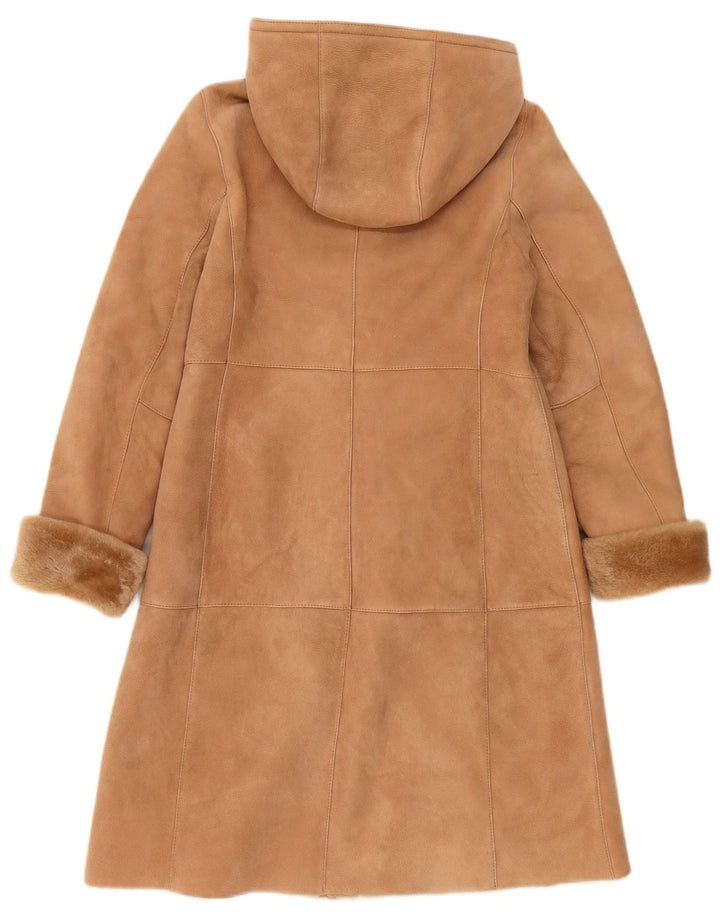 Cappotto in shearling con cappuccio da donna vintage UK 10 piccolo beige