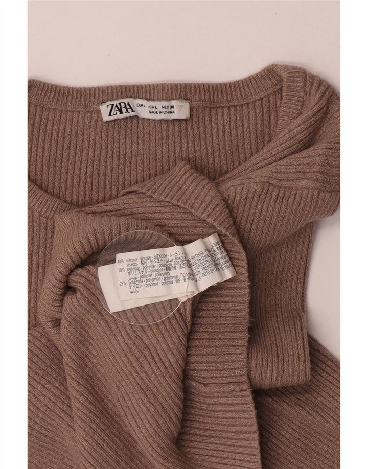 ZARA Top Corto da Donna a Maniche Lunghe UK 14 Large Marrone Viscosa