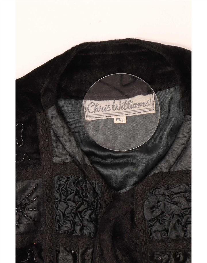 Giacca Bolero vintage da donna in velluto UK 12 Patchwork medio nero