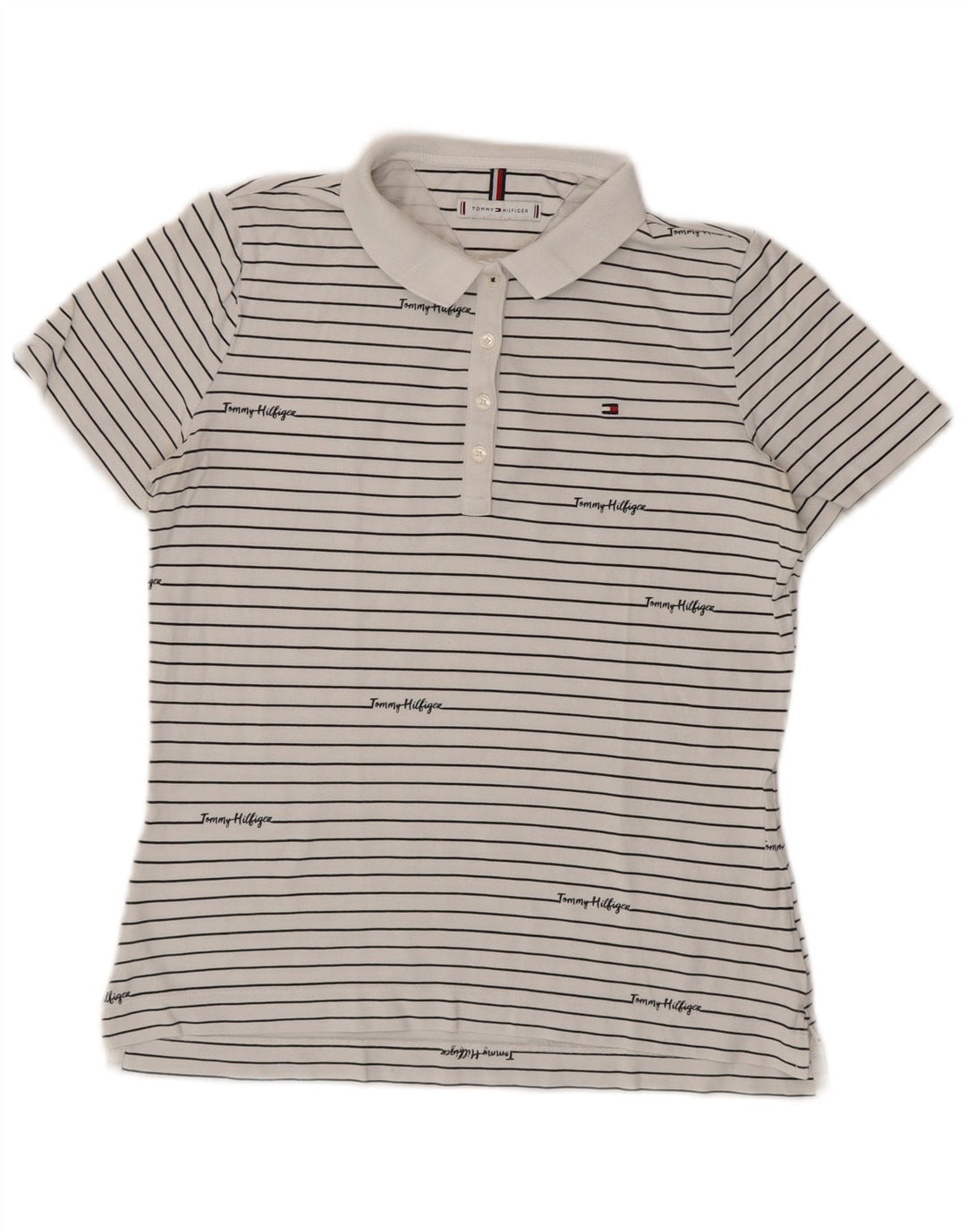 TOMMY HILFIGER Polo grafica da donna UK 14 a righe bianche medie