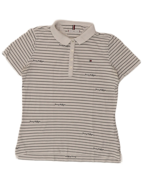 TOMMY HILFIGER Polo grafica da donna UK 14 a righe bianche medie