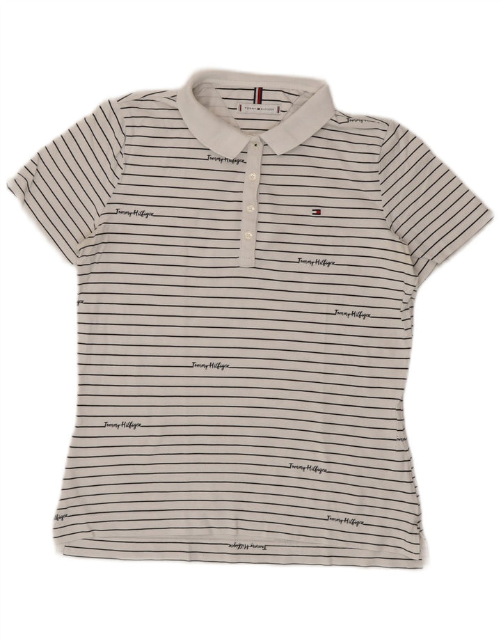 TOMMY HILFIGER Polo grafica da donna UK 14 a righe bianche medie