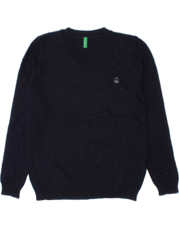 BENETTON Boys V-Neck Jumper Sweater 6-7 Years Small Navy Blue Wool Vintage Benetton and Second-Hand Benetton from Messina Hembry 